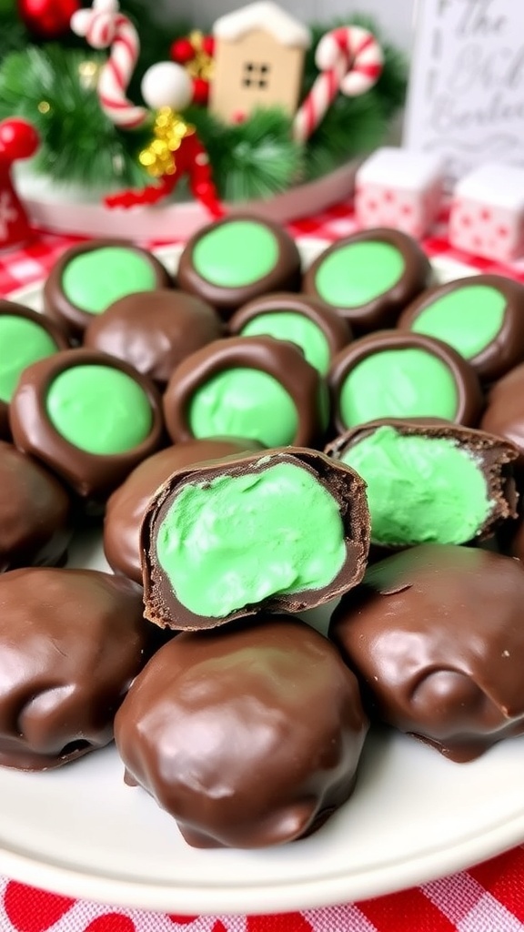 A plate of chocolate-coated peppermint patties with a mint filling, set against a festive background.
